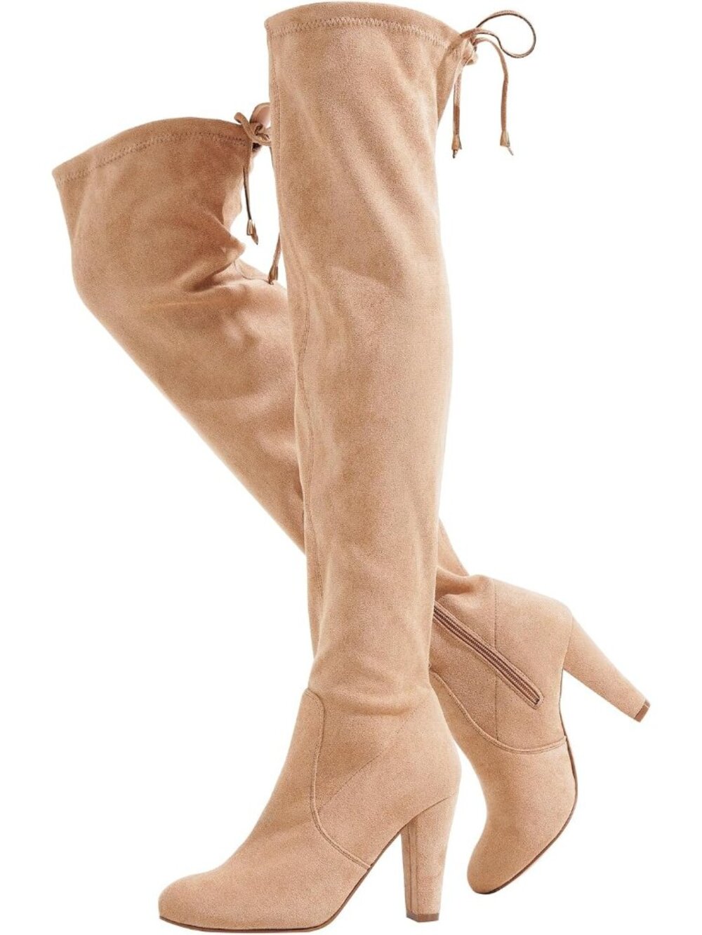 Women's Sand Suede Thigh High Over the Knee Boots with Block Heels Knee Heeled